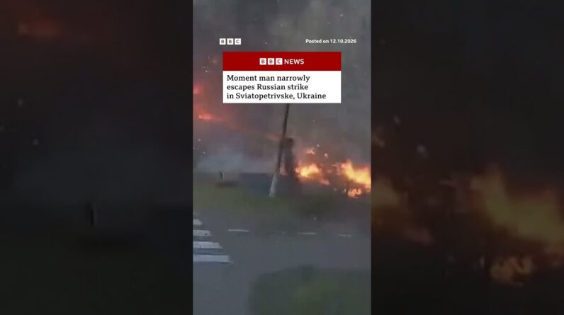 Moment man narrowly escapes Russian strike in Sviatopetrivske, Ukraine. #BBCNews