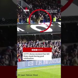 CCTV shows moment fan fell from stand during goal celebration. #Football #Fan #BBCNews
