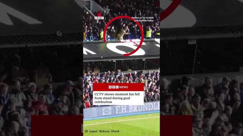 CCTV shows moment fan fell from stand during goal celebration. #Football #Fan #BBCNews