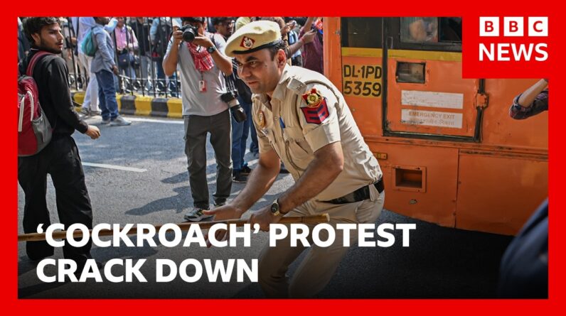 Police crack down on India 'cockroach' protest in Delhi | BBC News